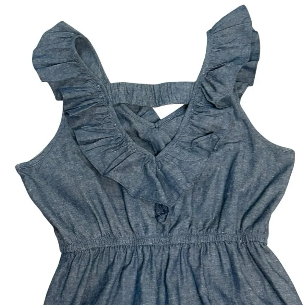 Alythea Linen Blend Chambray Ruffle Sundress Blue Large - Picture 7 of 11